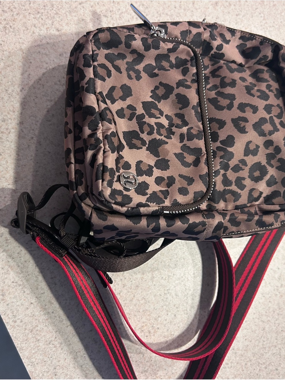 Lululemon Leopard Print back pack Bag with Red-Trim Strap